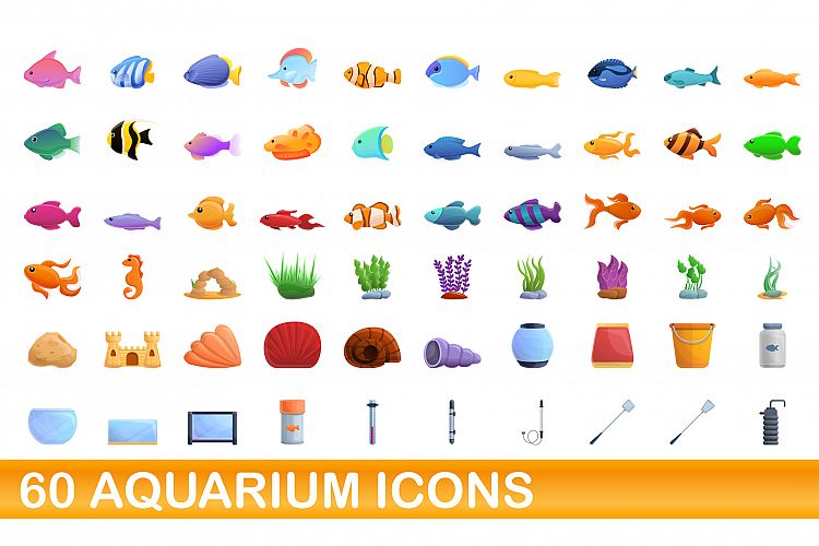 60 aquarium icons set, cartoon style example image 1