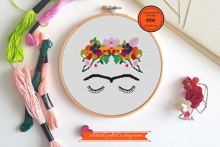 Feminist Art Portrait Cross Stitch Pattern PDF Floral Crown