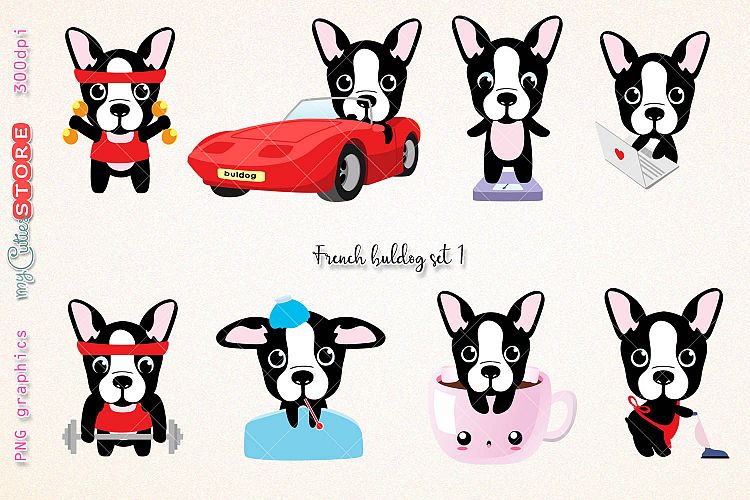 Kawaii french buldog clipart, PNG graphics collection, workout, fitness, sick day kawaii clip art great for planner stickers or digital planning.