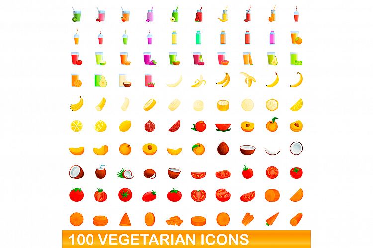 100 vegetarian icons set, cartoon style example image 1