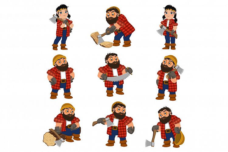 Lumberjack icons set, cartoon style