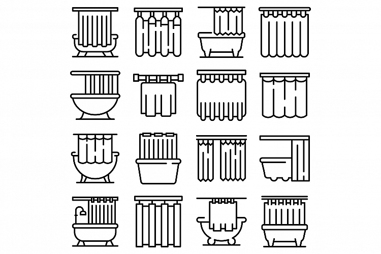 Shower curtain icons set, outline style