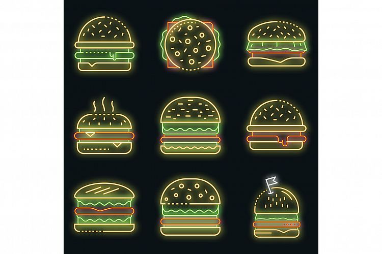 Burger icons set vector neon example image 1
