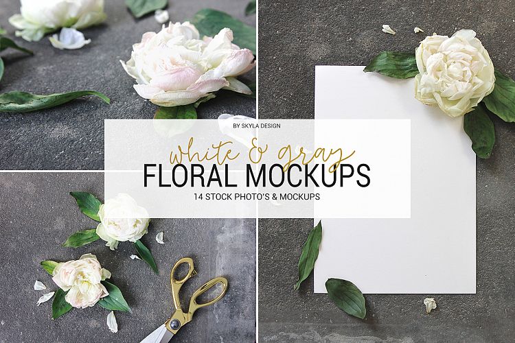 White & gray floral mockup, flower stock images