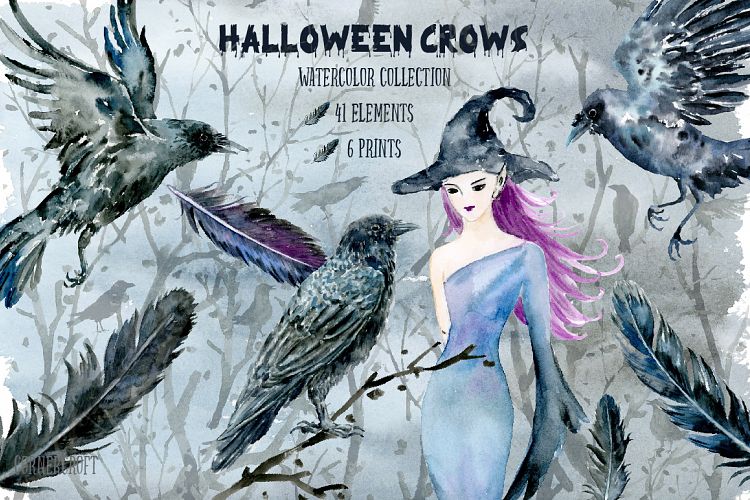 Halloween Crows and Witch Watercolour