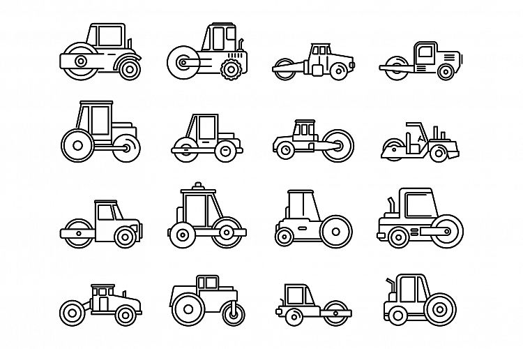 Contruction road roller icons set, outline style