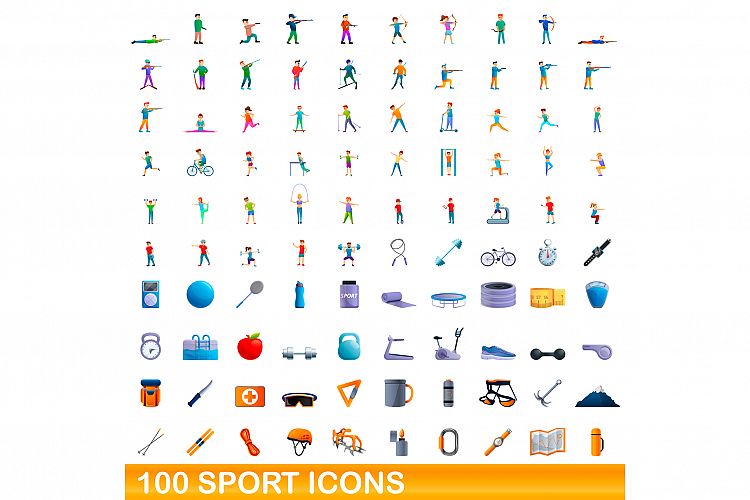 100 sport icons set, cartoon style example image 1