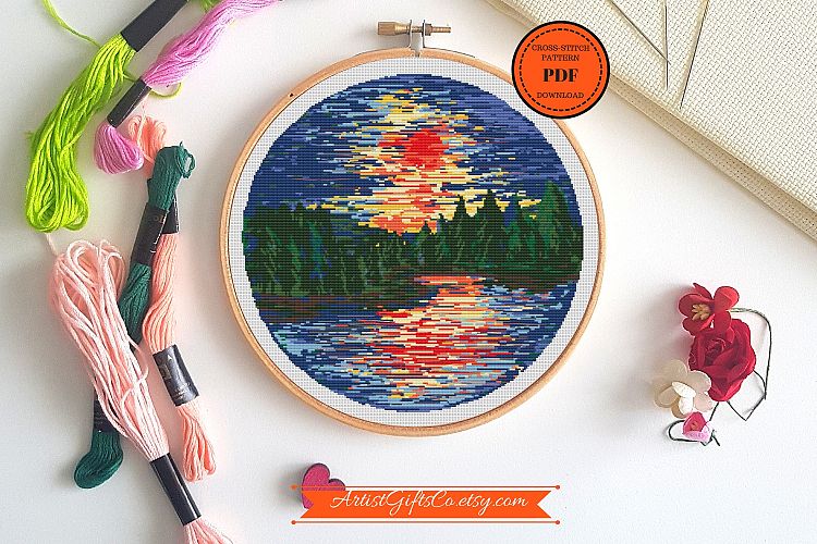 Sunset on the river Cross stitch pattern, Seascape
