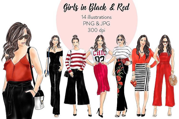 Fashion Clipart Girls in Red and Black, watercolour illustration