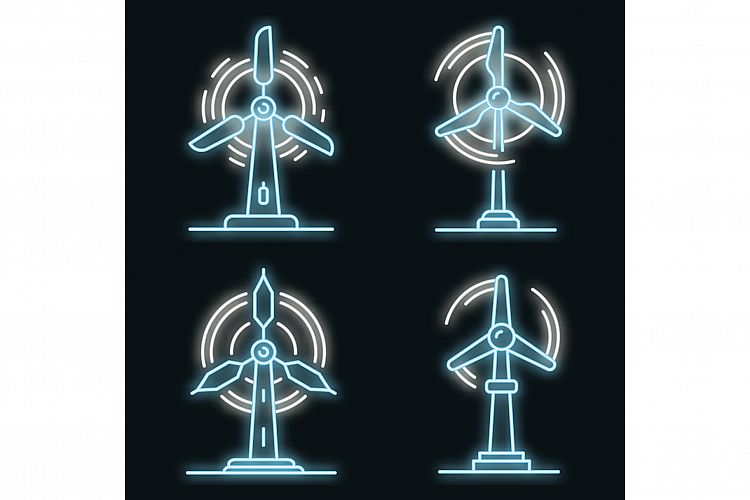 Wind turbine icons set vector neon