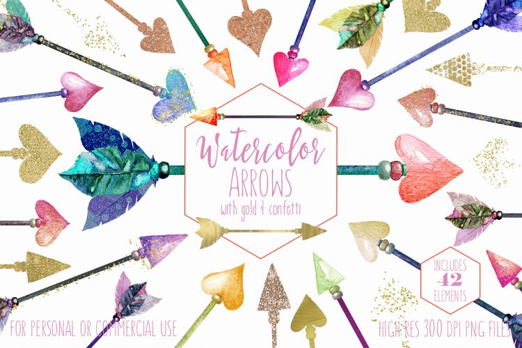 GOLD METALLIC ARROWS Clipart Watercolor Arrow Graphics with Gold Glitter Foil Confetti Boho Chic Tribal Graphics