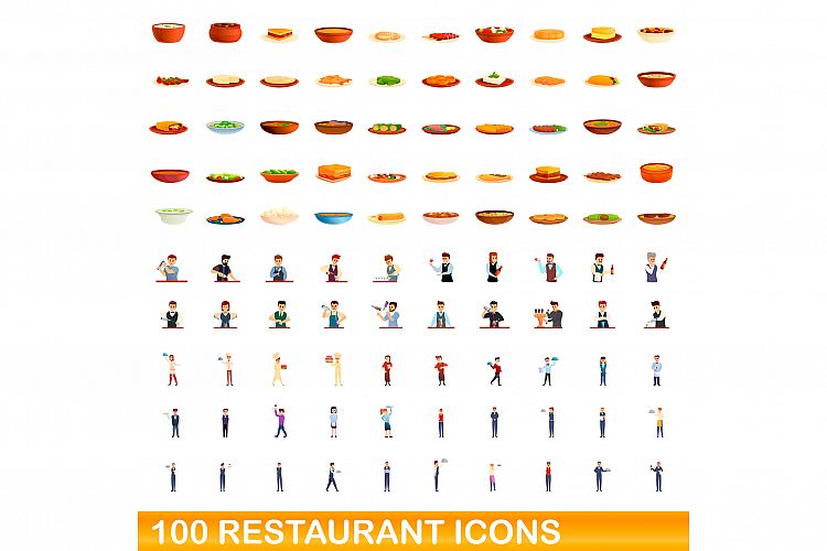 100 restaurant icons set, cartoon style