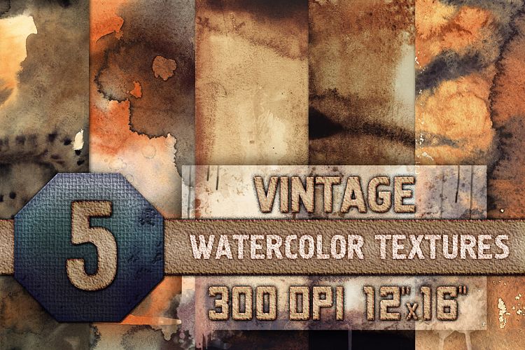 5 Vintage Watercolor Texture Digital Papers, Backrgounds HQ
