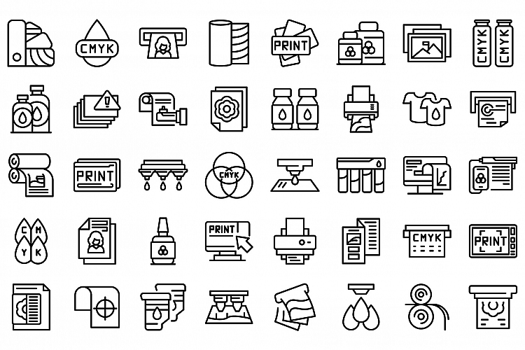 Digital printing icons set, outline style