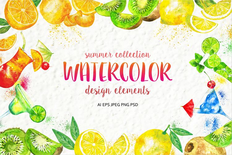   Set of watercolor fruits and cocktails. Summer collection of design elements.