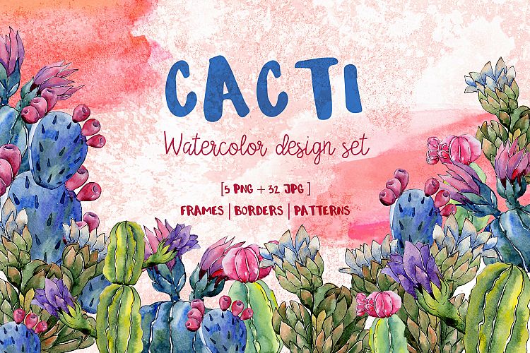Cool Cacti tropical flower PNG watercolor set