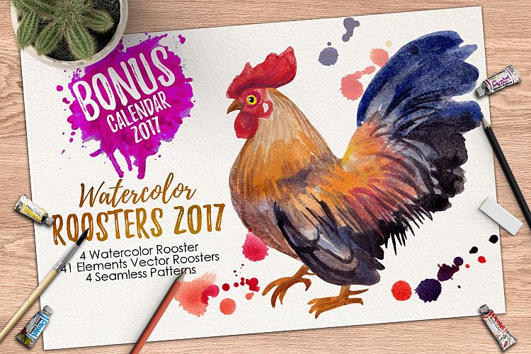 Watercolor Roosters and Family