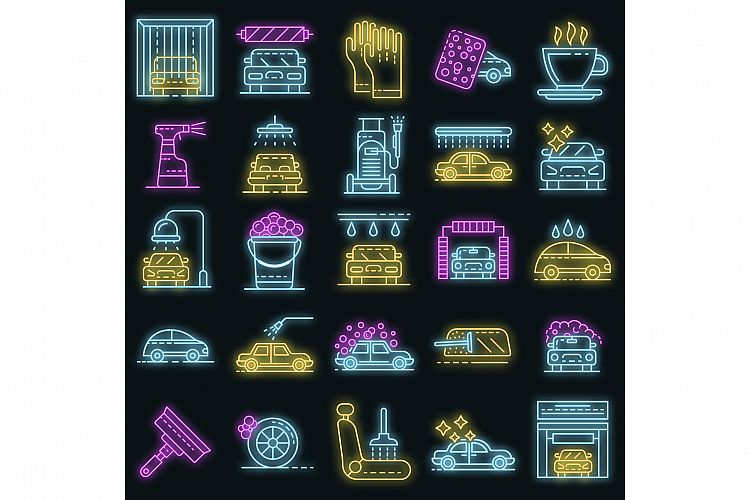 Car wash icons set vector neon example image 1