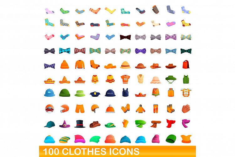 100 clothes icons set, cartoon style example image 1