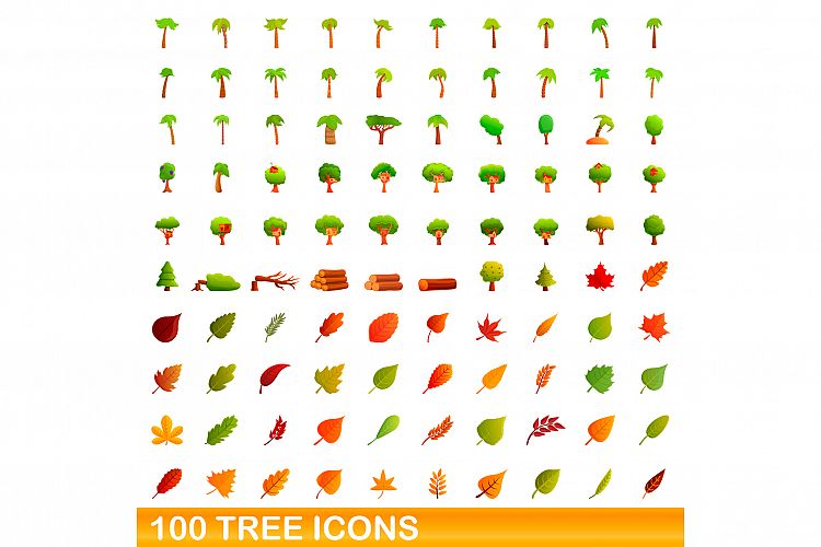 100 tree icons set, cartoon style example image 1