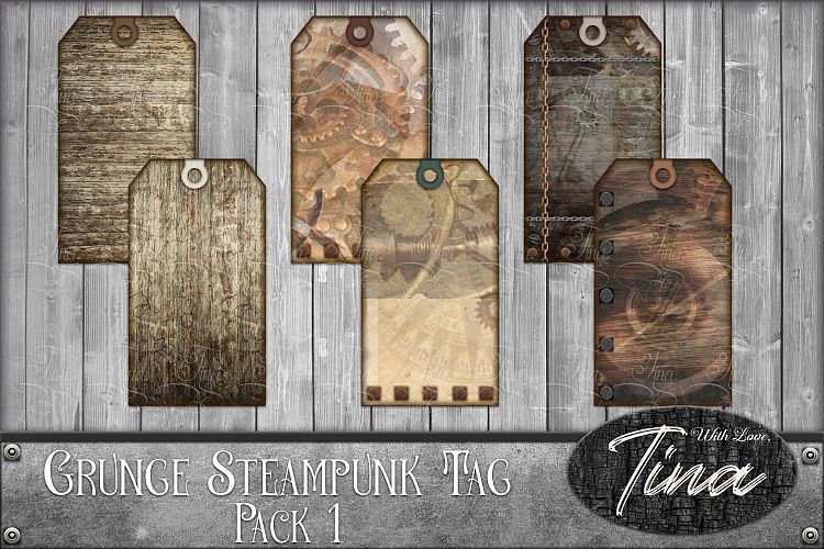 Grunge Steampunk Digital Paper Tags 2 Collage Gears Chains