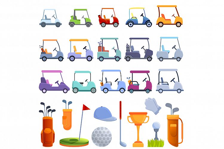 Golf cart icons set, cartoon style example image 1