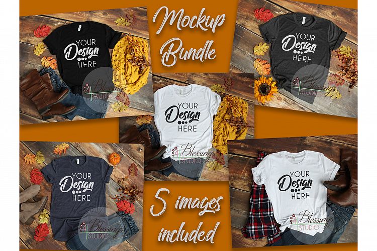 Fall Bella Canvas Mockup Bundle T Shirt Flat Lay 5 Images