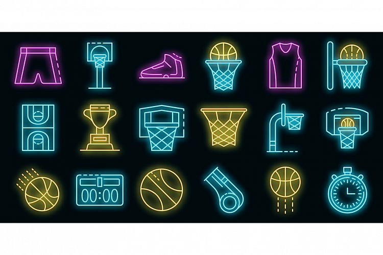 Basketball equipment icons set vector neon example image 1