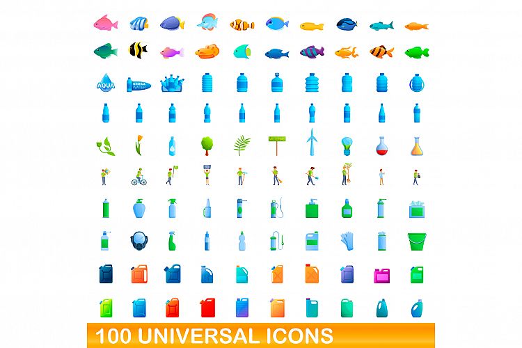 100 universal icons set, cartoon style