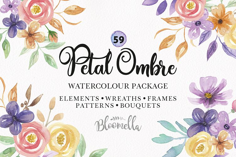 Watercolor Flower Petal Ombre Wreaths Frames Pattern Package