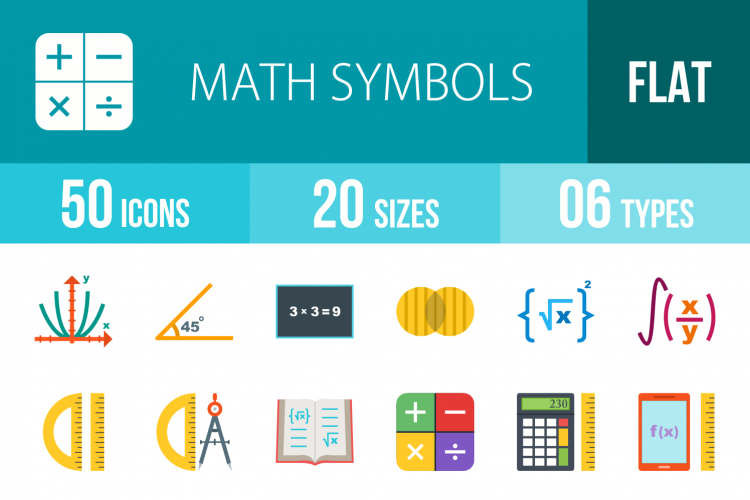 50 Math Symbols Flat Multicolor Icons