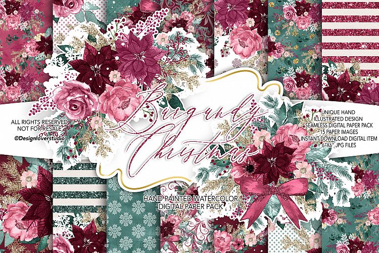 Burgundy Christmas digital paper pack I.