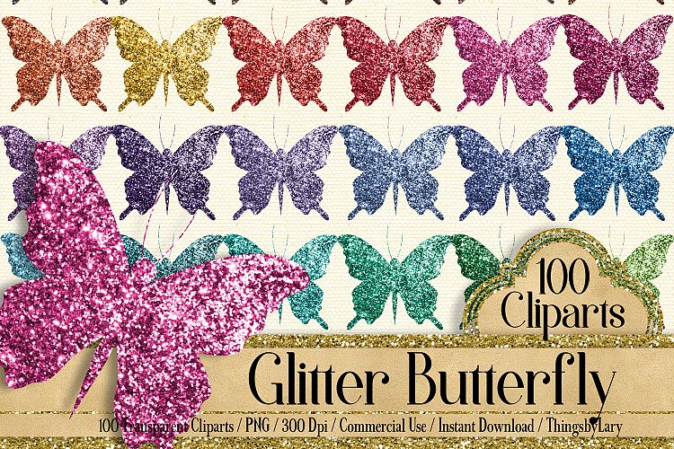 100 Luxury Glitter Butterfly Clip Arts, Glitter Graphic Kit
