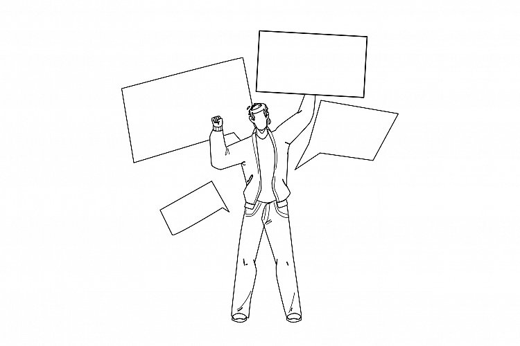 On Protest Demonstration Man With Posters Vector example image 1