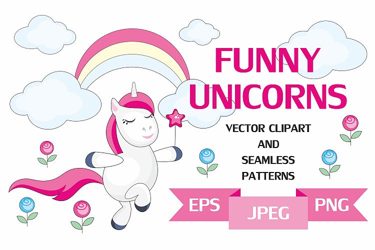Funny unicorns. Vector clipart and seamless patterns.