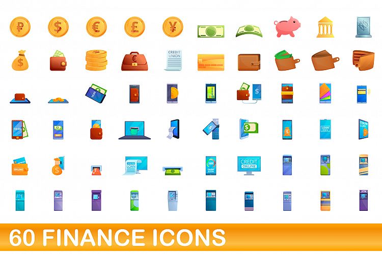 60 finance icons set, cartoon style example image 1