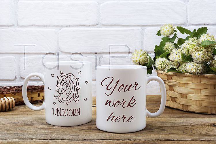 Two coffee mug mockup with basket of flowers