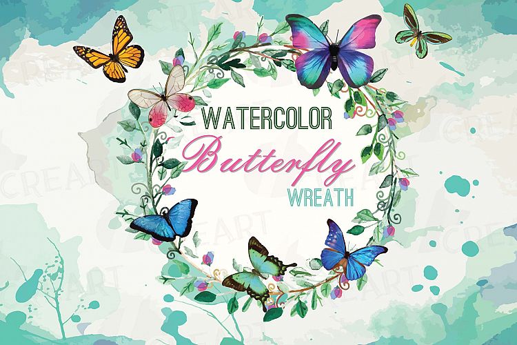 Watercolor Wreath with watercolour butterflies Clipart, Green Leaves and butterflies, Laurel Wreath, Watercolour background, Garden wedding
