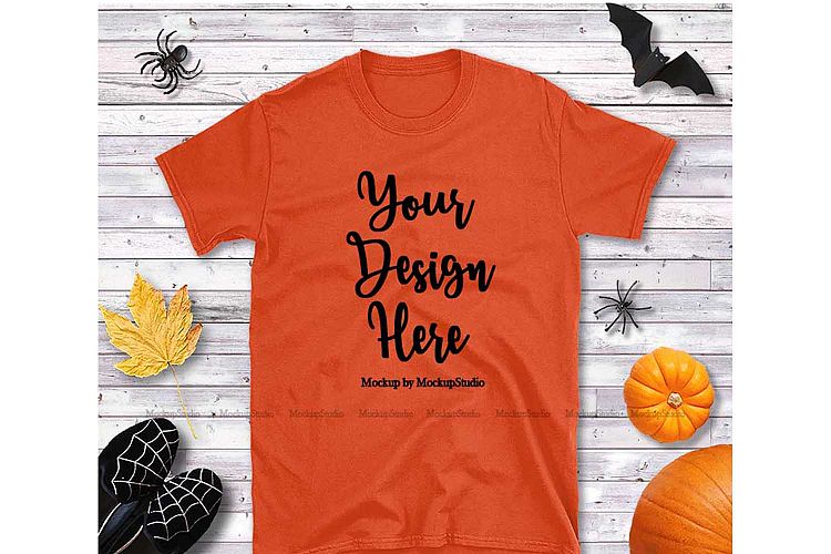 Halloween Orange Tshirt Mock Up, Gildan Flat Lay Display
