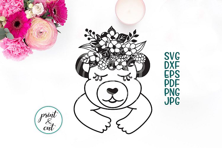 Bear face with flowers crown plotter cutting file printable