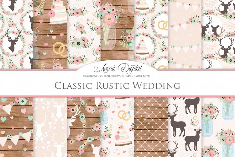 Pink and Mint Rustic Wedding Digital Paper - Classic Rustic Deer Wedding Seamless Patterns