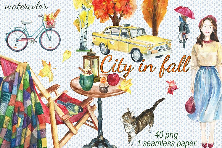 City in fall watercolor clip art
