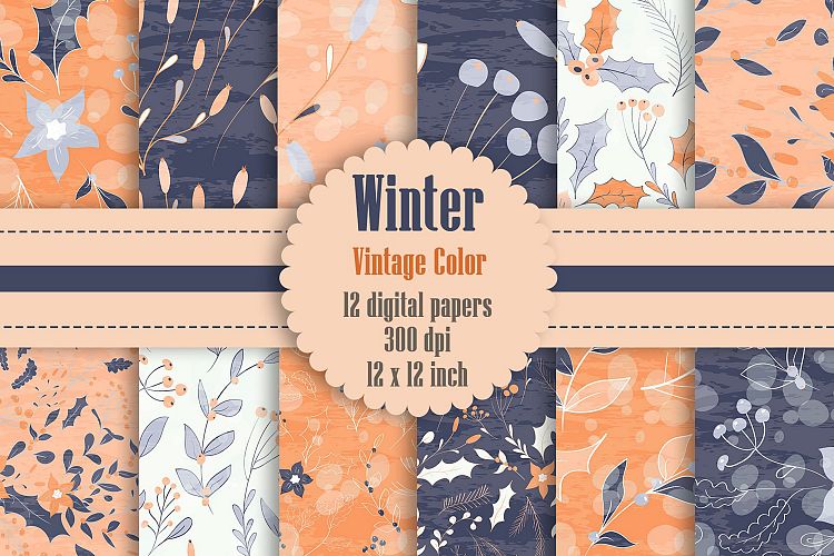 12 Winter Floral Digital Papers in Vintage Orange and Purple