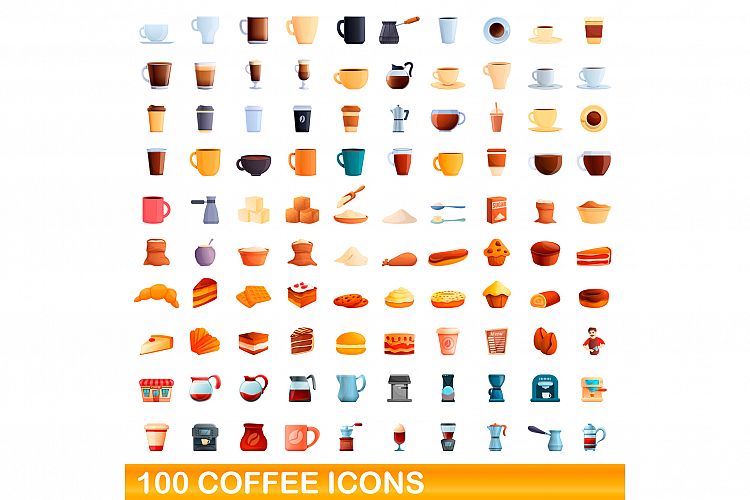 100 coffee icons set, cartoon style example image 1
