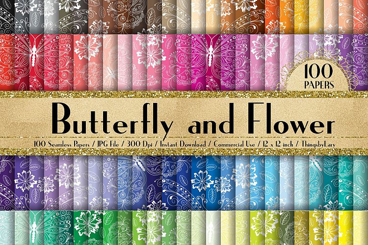 100 Seamless White Butterfly and Flower Digital Papers