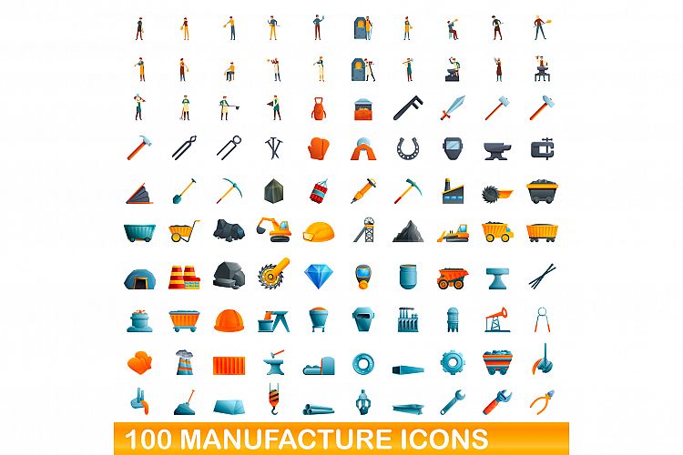 100 manufacture icons set, cartoon style example image 1