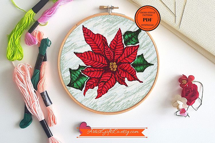 Christmas flower Cross Stitch pattern PDF Floral Poinsettia