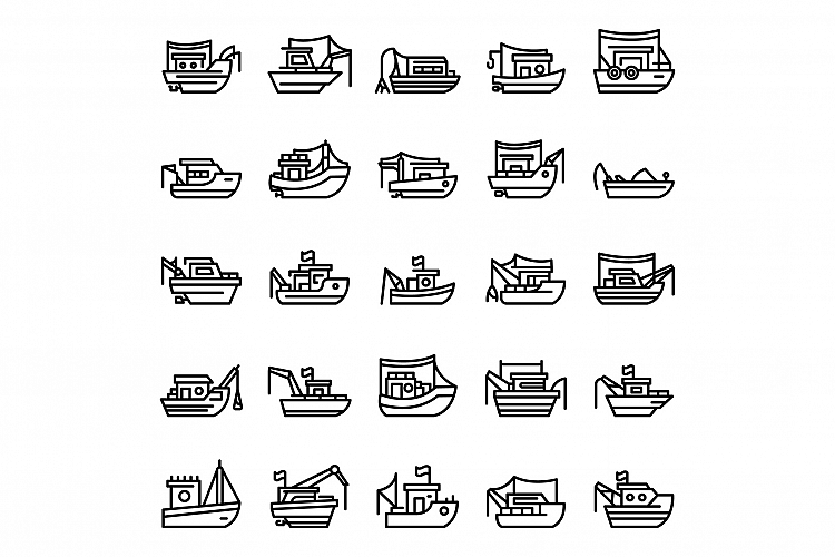Fishing boat icons set, outline style example image 1