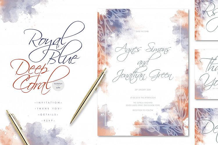 Royal Blue Deep Coral Watercolore Wedding Invitation Suite