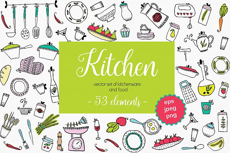 Vector set of kitchen utensils and food.